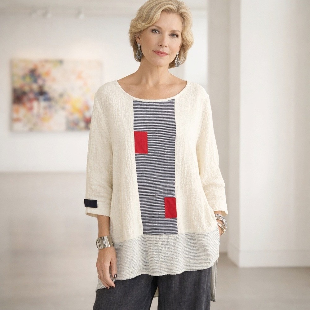 Artsy Lagenlook Tunic Top M Moonlight Y&S Fashion‎ B&W Red Patchwork Made in USA